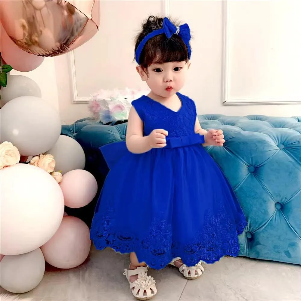 0-6T Baby Girl Party Dress Toddler Lace Embroideryr Evening Dresses with Headwear