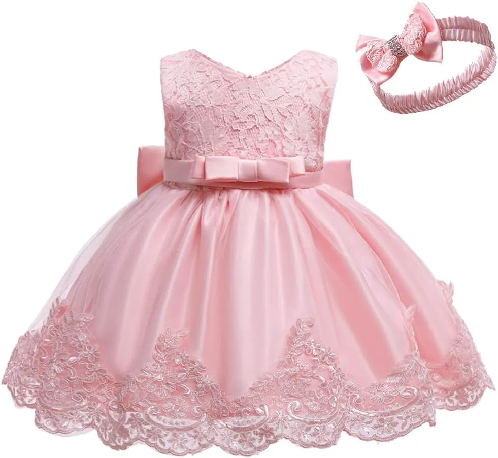 0-6T Baby Girl Party Dress Toddler Lace Embroideryr Evening Dresses with Headwear
