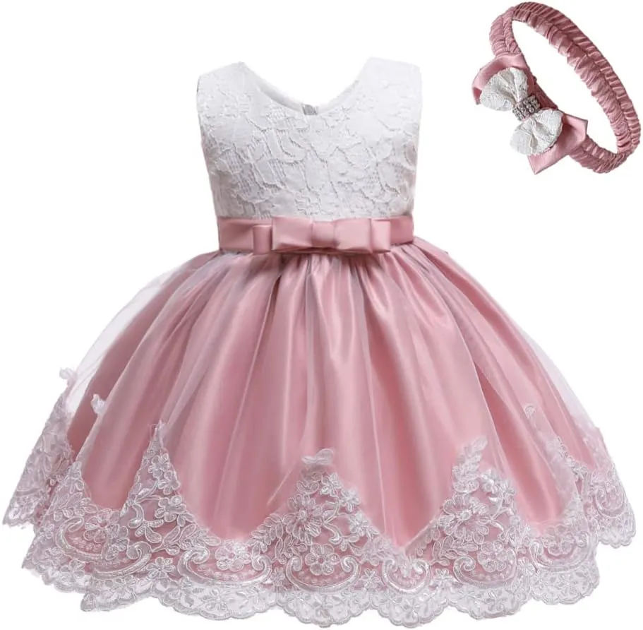 0-6T Baby Girl Party Dress Toddler Lace Embroideryr Evening Dresses with Headwear