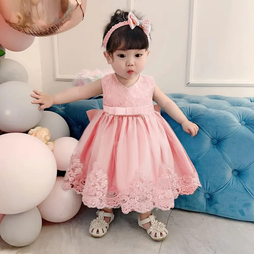 0-6T Baby Girl Party Dress Toddler Lace Embroideryr Evening Dresses with Headwear