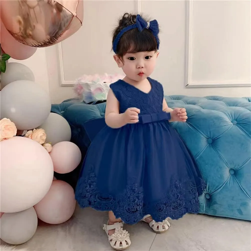 0-6T Baby Girl Party Dress Toddler Lace Embroideryr Evening Dresses with Headwear