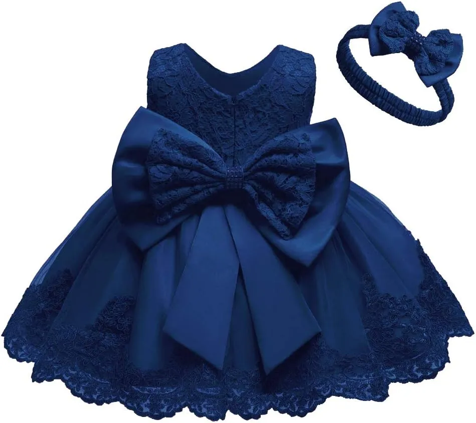 0-6T Baby Girl Party Dress Toddler Lace Embroideryr Evening Dresses with Headwear