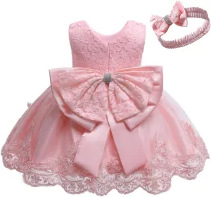 0-6T Baby Girl Party Dress Toddler Lace Embroideryr Evening Dresses with Headwear