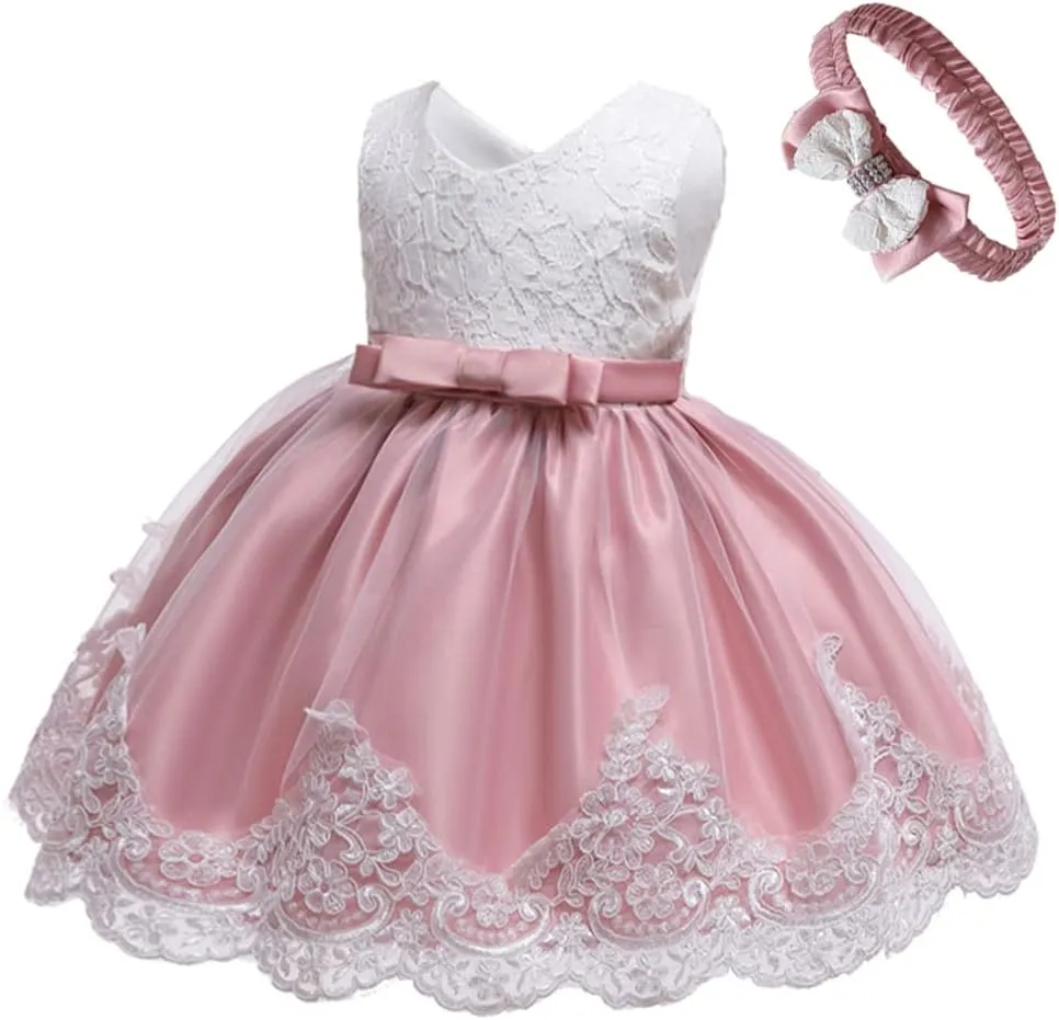 0-6T Baby Girl Party Dress Toddler Lace Embroideryr Evening Dresses with Headwear