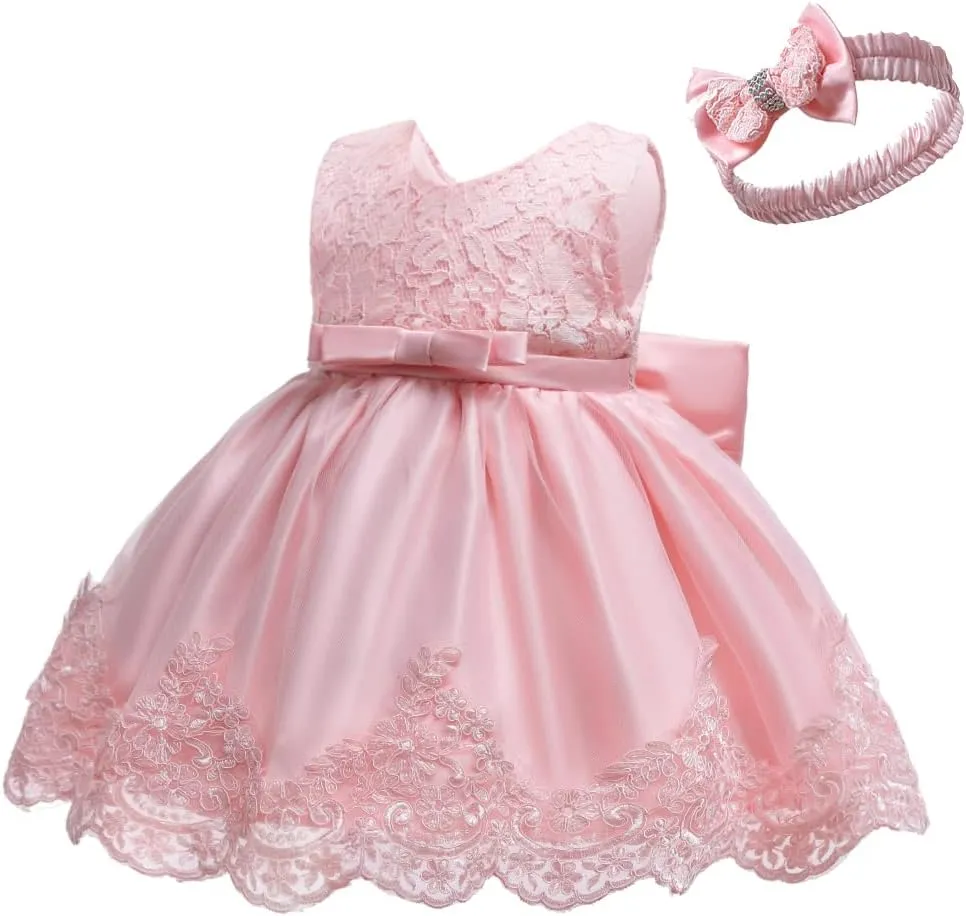 0-6T Baby Girl Party Dress Toddler Lace Embroideryr Evening Dresses with Headwear