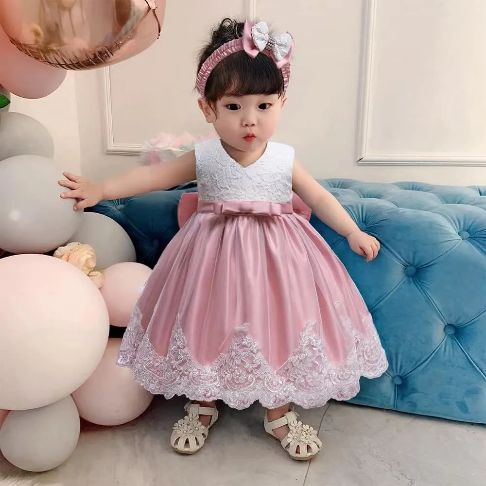 0-6T Baby Girl Party Dress Toddler Lace Embroideryr Evening Dresses with Headwear