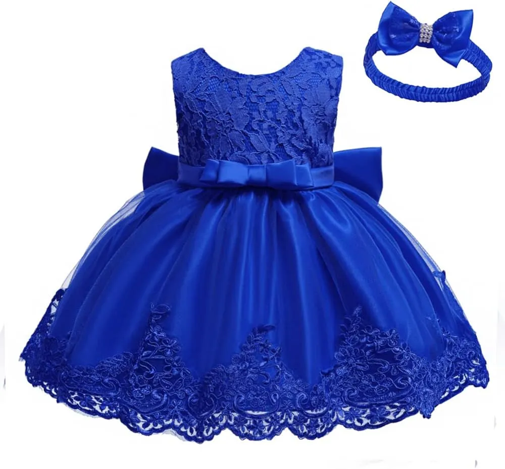 0-6T Baby Girl Party Dress Toddler Lace Embroideryr Evening Dresses with Headwear