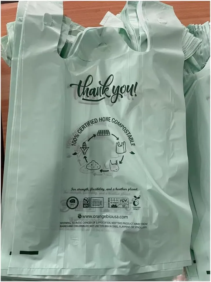 100% Certified Home Compostable To-Go Bags with Handles, 17.7" x 20" x 1 Mil (Extra Thick), Hold 20 lbs, Thank You Bags Grocery Bags Take Out Bags T Shirt Bags for Retail, Restaurant 500 Ct