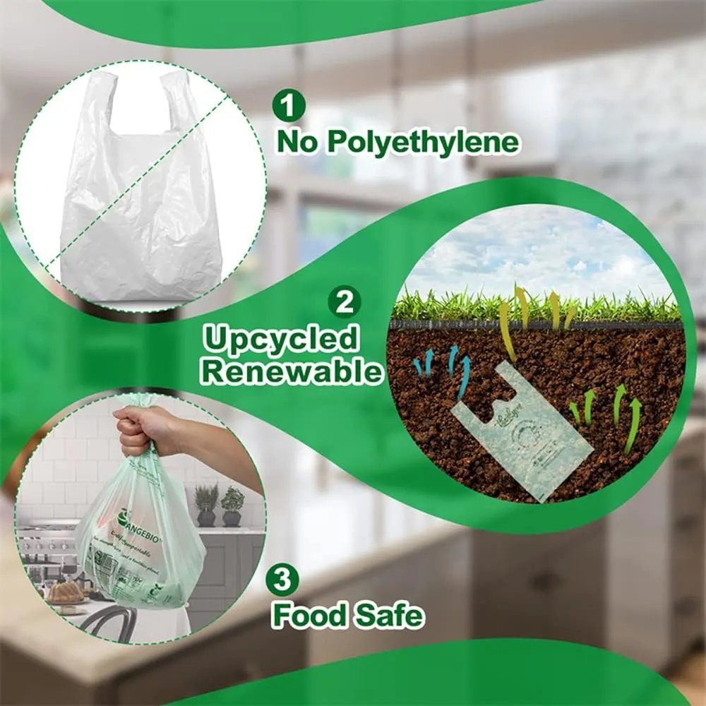 100% Certified Home Compostable To-Go Bags with Handles, 17.7" x 20" x 1 Mil (Extra Thick), Hold 20 lbs, Thank You Bags Grocery Bags Take Out Bags T Shirt Bags for Retail, Restaurant 500 Ct