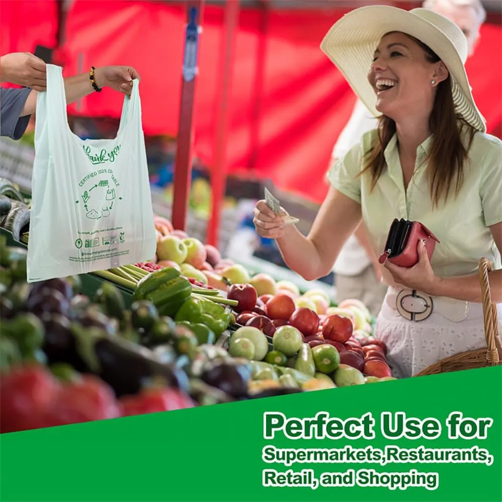 100% Certified Home Compostable To-Go Bags with Handles, 17.7" x 20" x 1 Mil (Extra Thick), Hold 20 lbs, Thank You Bags Grocery Bags Take Out Bags T Shirt Bags for Retail, Restaurant 500 Ct