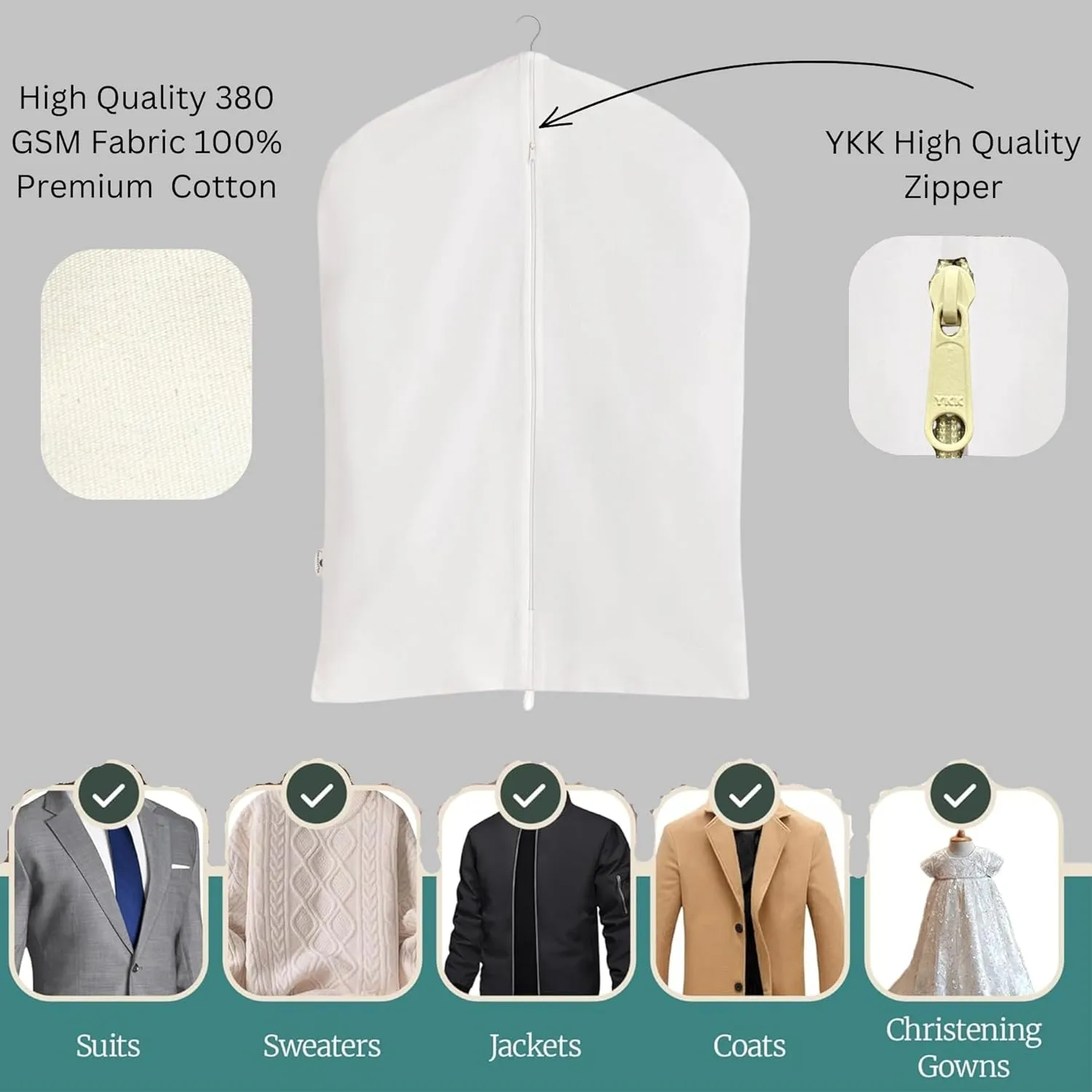 100% Cotton Canvas Garment Cover for Suits, Coats, Dresses; Travel Bag (Large (24"x48"), Off-White)