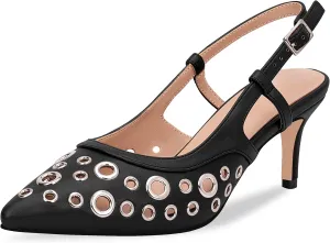 100FIXEO Women's Slingback Kitten Heels Pointed Toe Metal Grommet Studded Dress Pumps Shoes