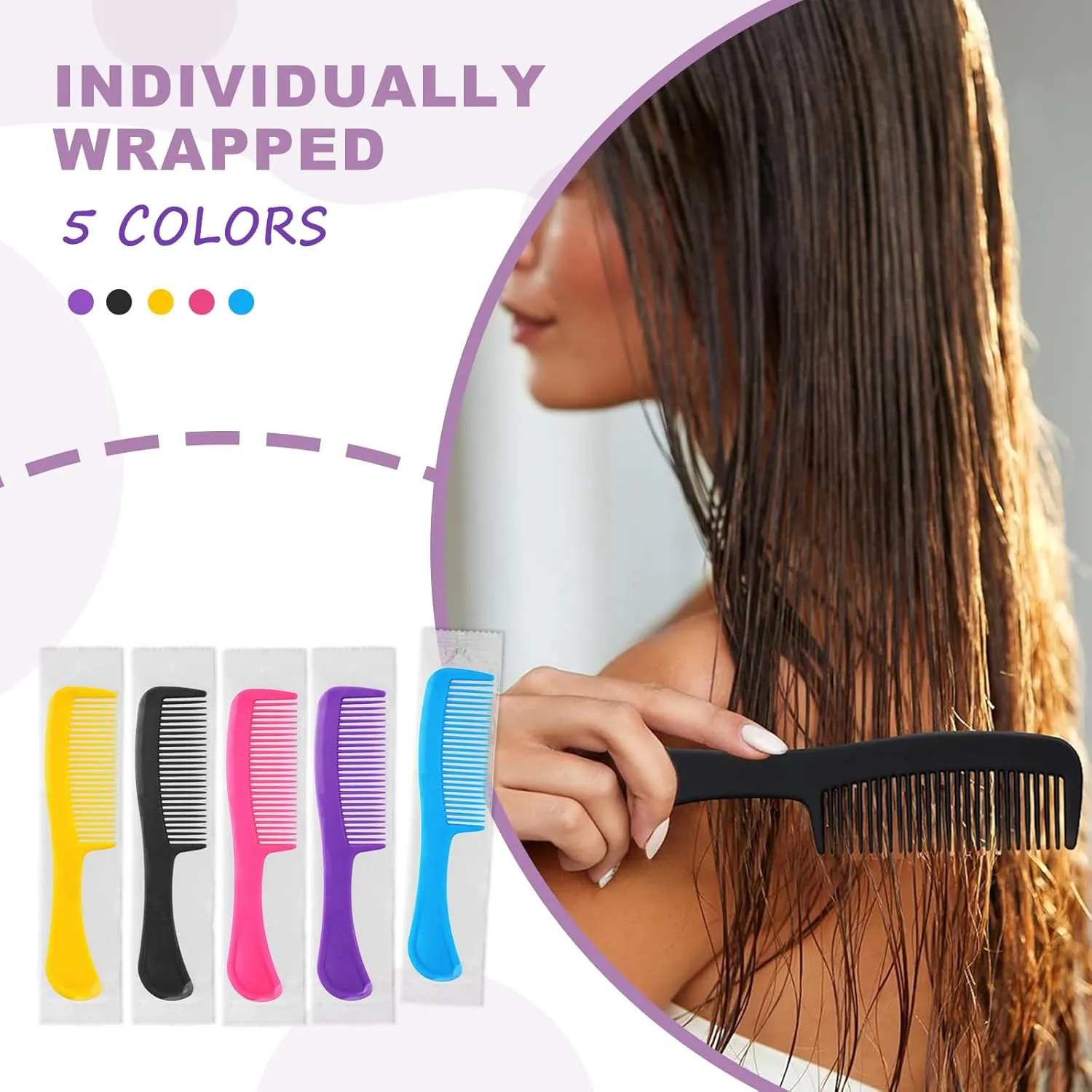 100pcs Combs In Bulk Individually Wrapped, Colorful Hair Combs, Bulk Combs For Homeless Individually Wrapped For Women,Kids,Hotel,Airbnb,Shelter/Homeless(black,yellow,pink,blue,purple)