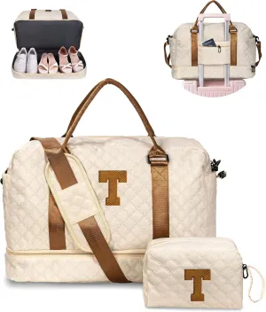 11 12 13 14 15 16 17 18 Year Old Girls Gifts-Initial Duffle Bag with Shoe Compartment, Personalized Weekender Bag, Travel Bag with Makeup Bag，Birthday Gift Graduate Gifts for Her (Letter T)
