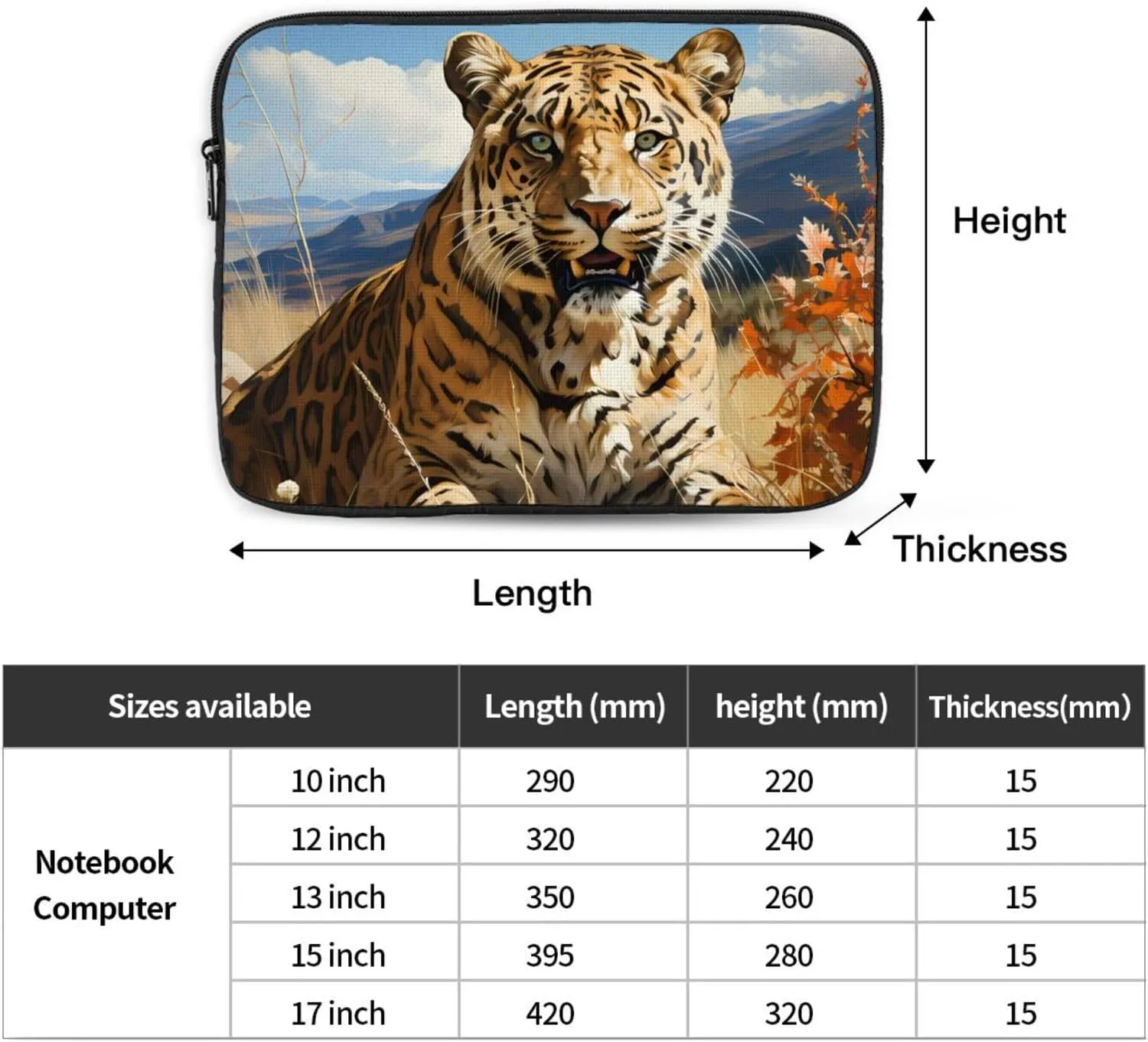 15 Inch Laptop Case Computer Sleeve Shockproof Water-Resistant Notebook Case Bag for Business Travel and Daily Use Leopard in Search of Prey Prints
