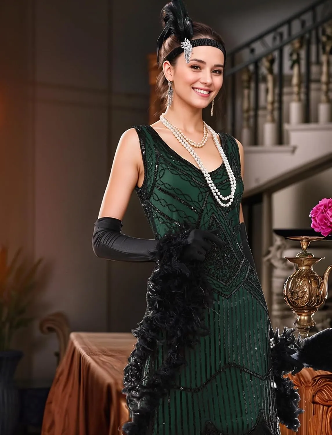 1920s Gatsby Sequin Fringed Paisley Flapper Dress with 20s Accessories Set