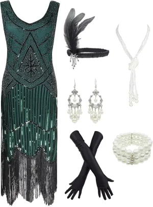 1920s Gatsby Sequin Fringed Paisley Flapper Dress with 20s Accessories Set