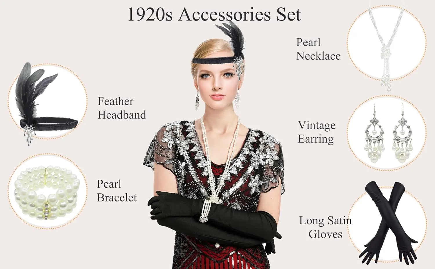 1920s Gatsby Sequin Fringed Paisley Flapper Dress with 20s Accessories Set