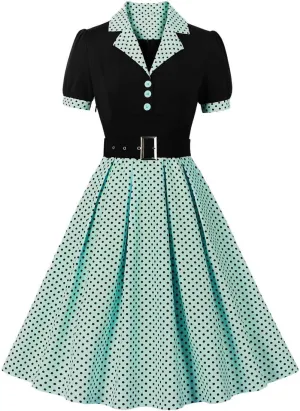 1950s Dresses for Women Vintage Rockabilly Retro Short Sleeve Tie Midi Dress Cocktail Party Evening Prom Gown