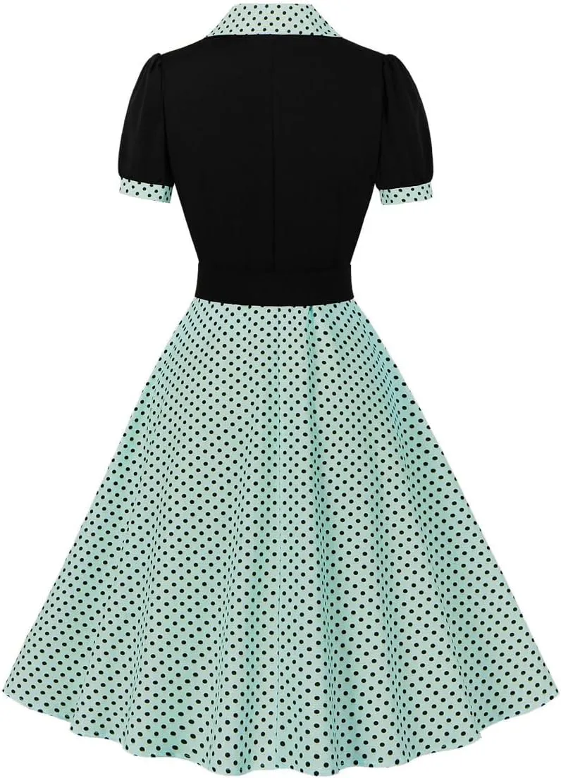 1950s Dresses for Women Vintage Rockabilly Retro Short Sleeve Tie Midi Dress Cocktail Party Evening Prom Gown