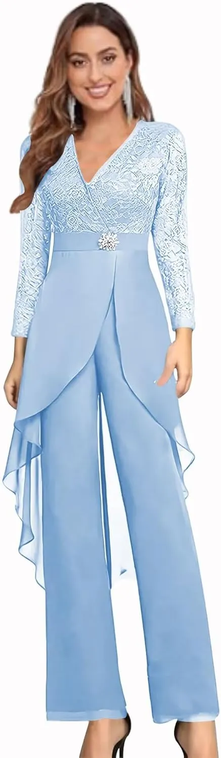 2 Piece Mother of The Bride Pant Suits for Women Lace Applique Chiffon Formal Outfits Long Sleeve Cocktail Party Dresses