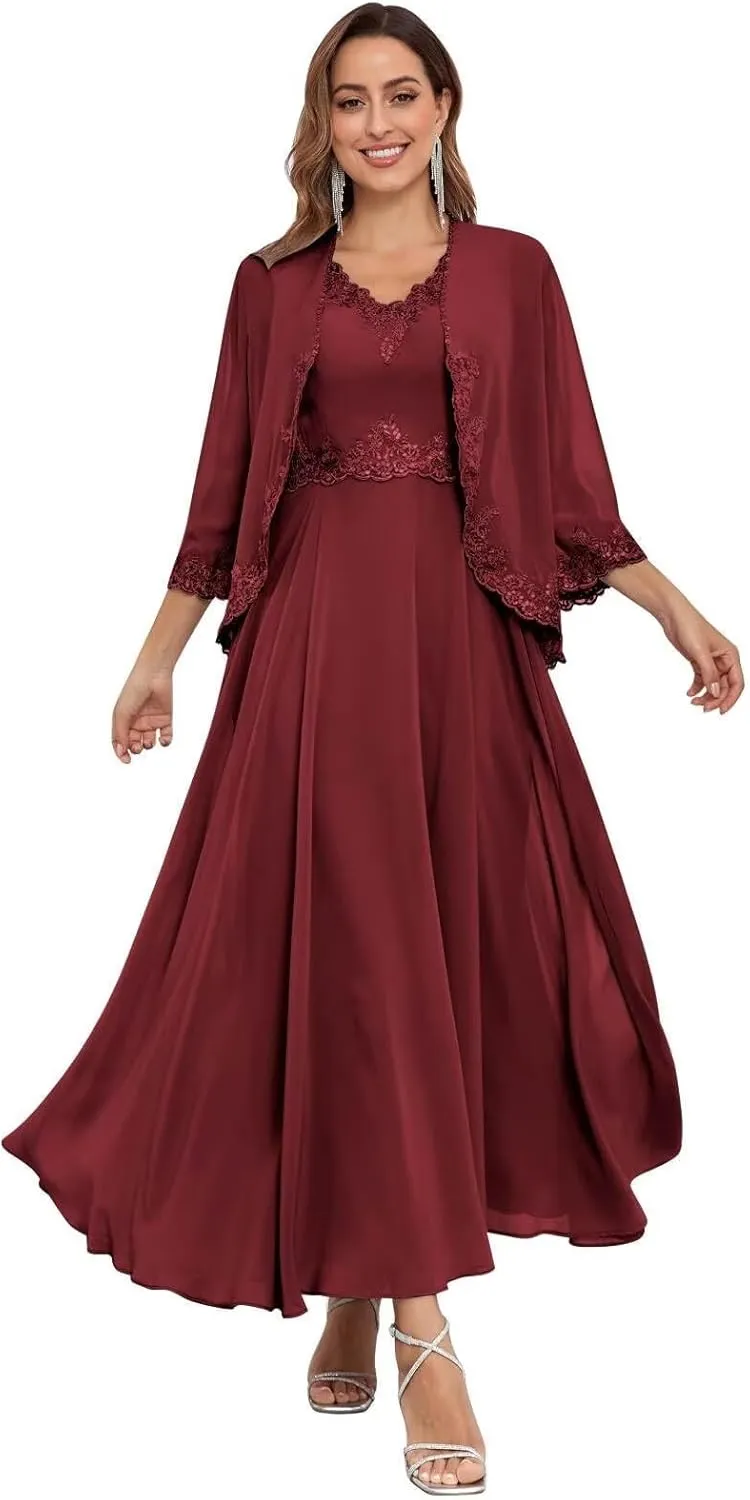 2 Pieces Mother of The Bride Dresses with Jacket Sequins Lace Chiffon Formal Evening Wedding Guest Dress