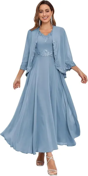 2 Pieces Mother of The Bride Dresses with Jacket Sequins Lace Chiffon Formal Evening Wedding Guest Dress