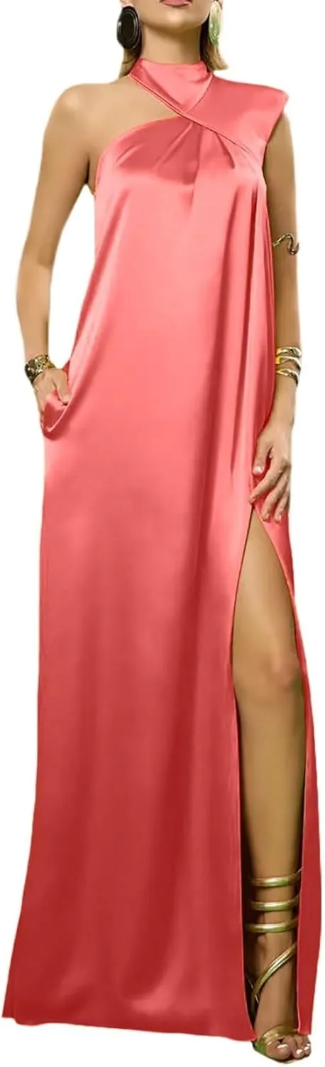 2025 Sexy Silk Prom Dress Pleated Floor Length Wedding Guest Dresses One Shoulder Slit Evening Gown Waisted Party Dresses