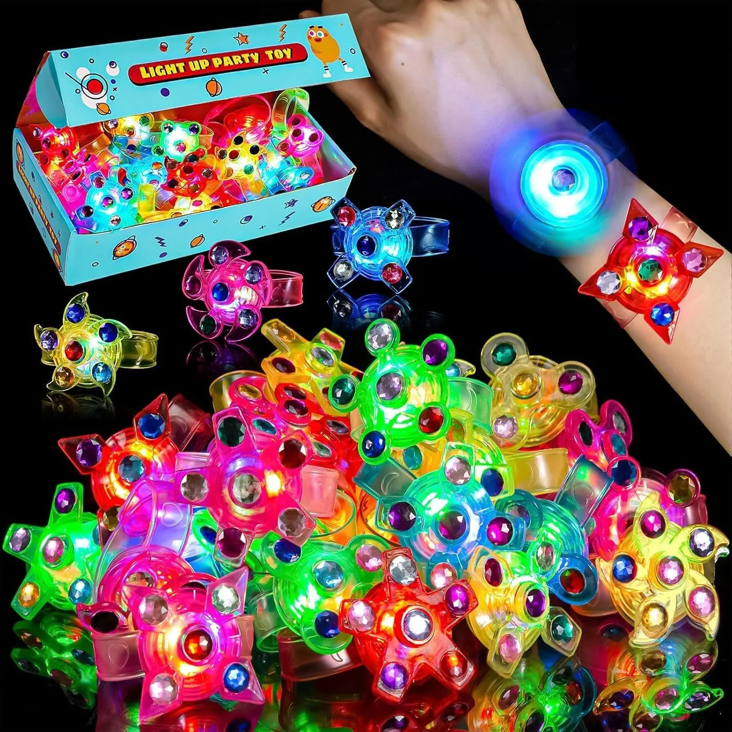 24 Pack LED Light Up Fidget Spinner Bracelets Party Favors for Kids 4-8 8-12, Glow in The Dark Party Supplies, Birthday Gifts, Treasure Box Toys for Classroom, Goodie Bags Easter Basket Stuffers