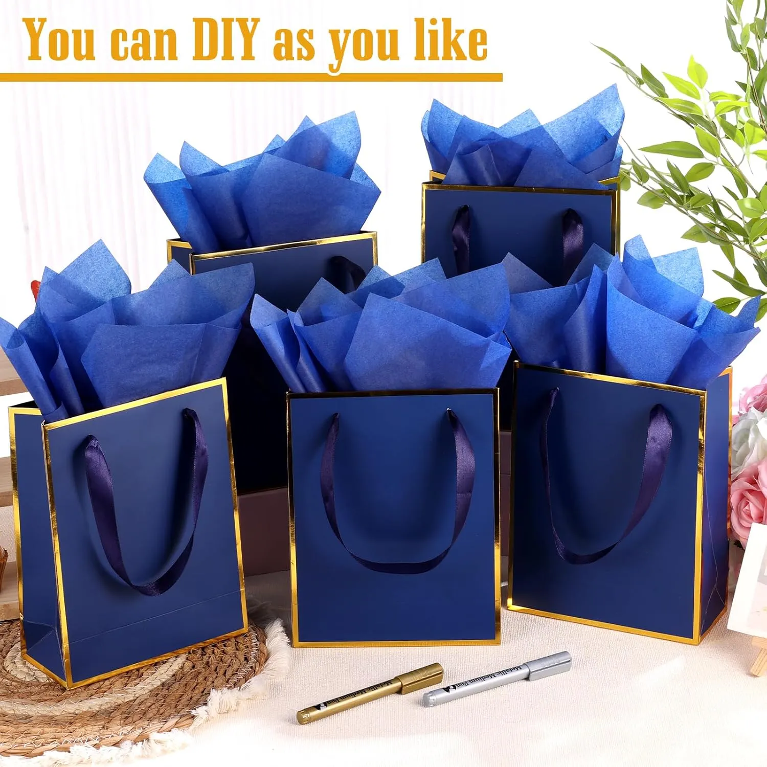 24 Pack Metallic Paper Gift Bag with Handles and Tissue Paper 9 x7 x 4'' 5 Senses Gift Bags for Him Her Thank You Favor Bags for Graduation Fathers Day Birthday Wedding Bridesmaid Gifts(Navy Blue)