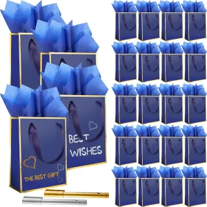 24 Pack Metallic Paper Gift Bag with Handles and Tissue Paper 9 x7 x 4'' 5 Senses Gift Bags for Him Her Thank You Favor Bags for Graduation Fathers Day Birthday Wedding Bridesmaid Gifts(Navy Blue)