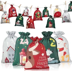 24 Pieces Christmas Advent Calendar Bags-2024 Christmas Countdown Calendar-Reusable DIY Makeup Advent Calendar Set-for Home Party Decoration Gift