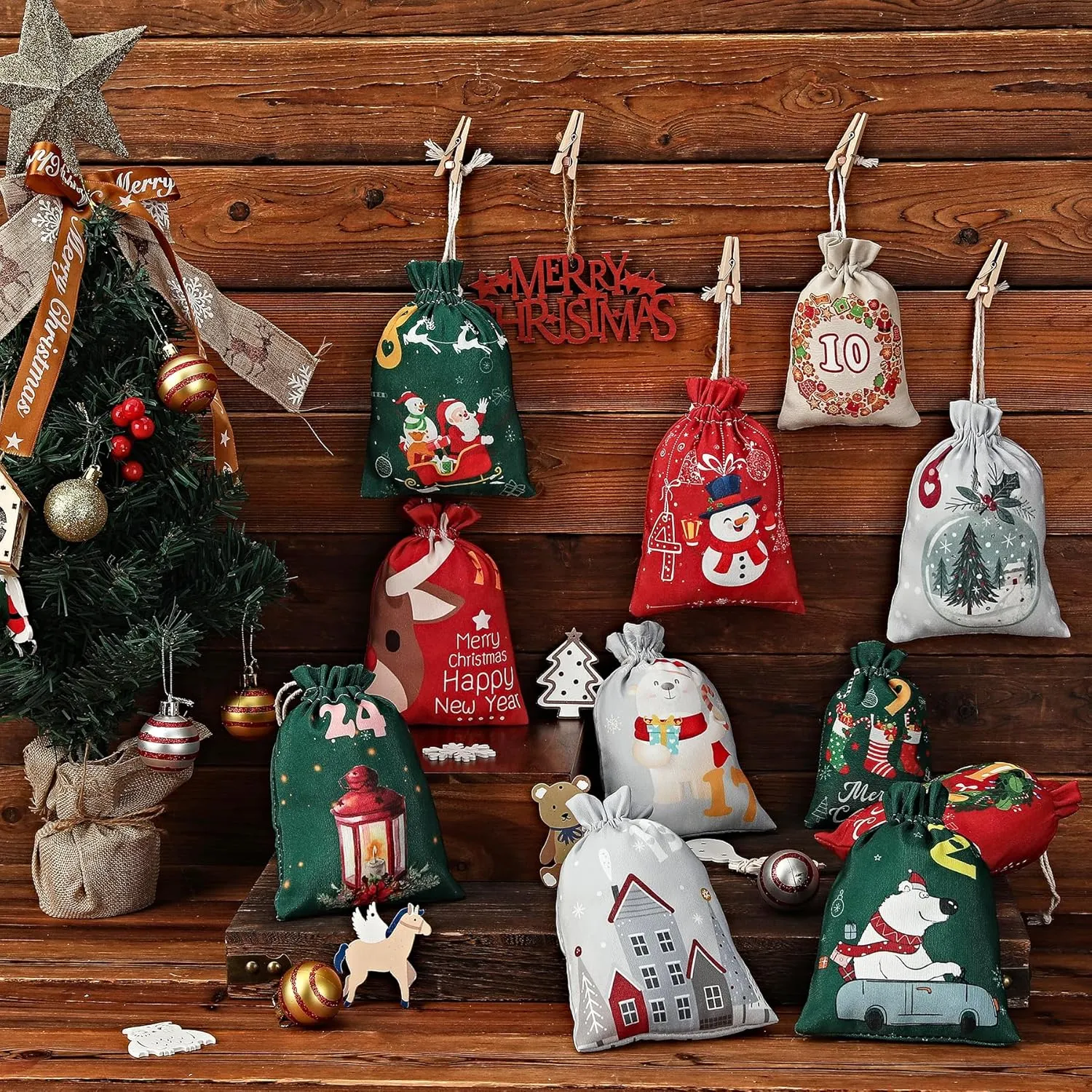24 Pieces Christmas Advent Calendar Bags-2024 Christmas Countdown Calendar-Reusable DIY Makeup Advent Calendar Set-for Home Party Decoration Gift