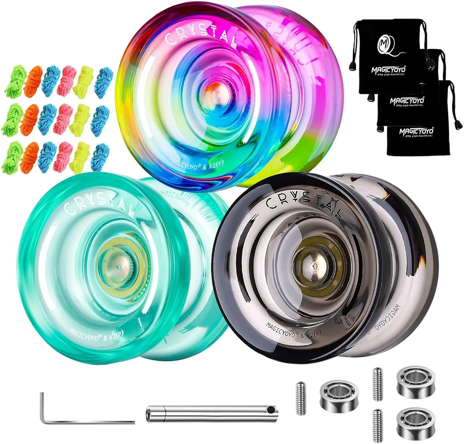 3 Pack Responsive Yoyos K2 Crystal for Kids Beginners, Dual Function Yoyos with Unresponsive Bearings Kit for Advanced and Pro Finger Spin Tricks 18 Yoyo Strings 3 Bags(Black Green Blue Pink Yellow)