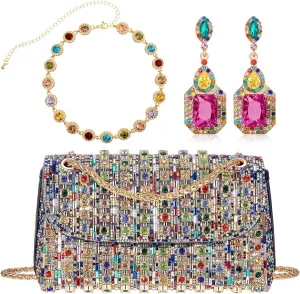 3 Pcs Colorful Rhinestone Clutch and Jewelry Set Included Sparkling Evening Purse Handbag, Long Crystal Dangling Drop Earring and Crystal Sparkly Rhinestone Choker Necklace for Women