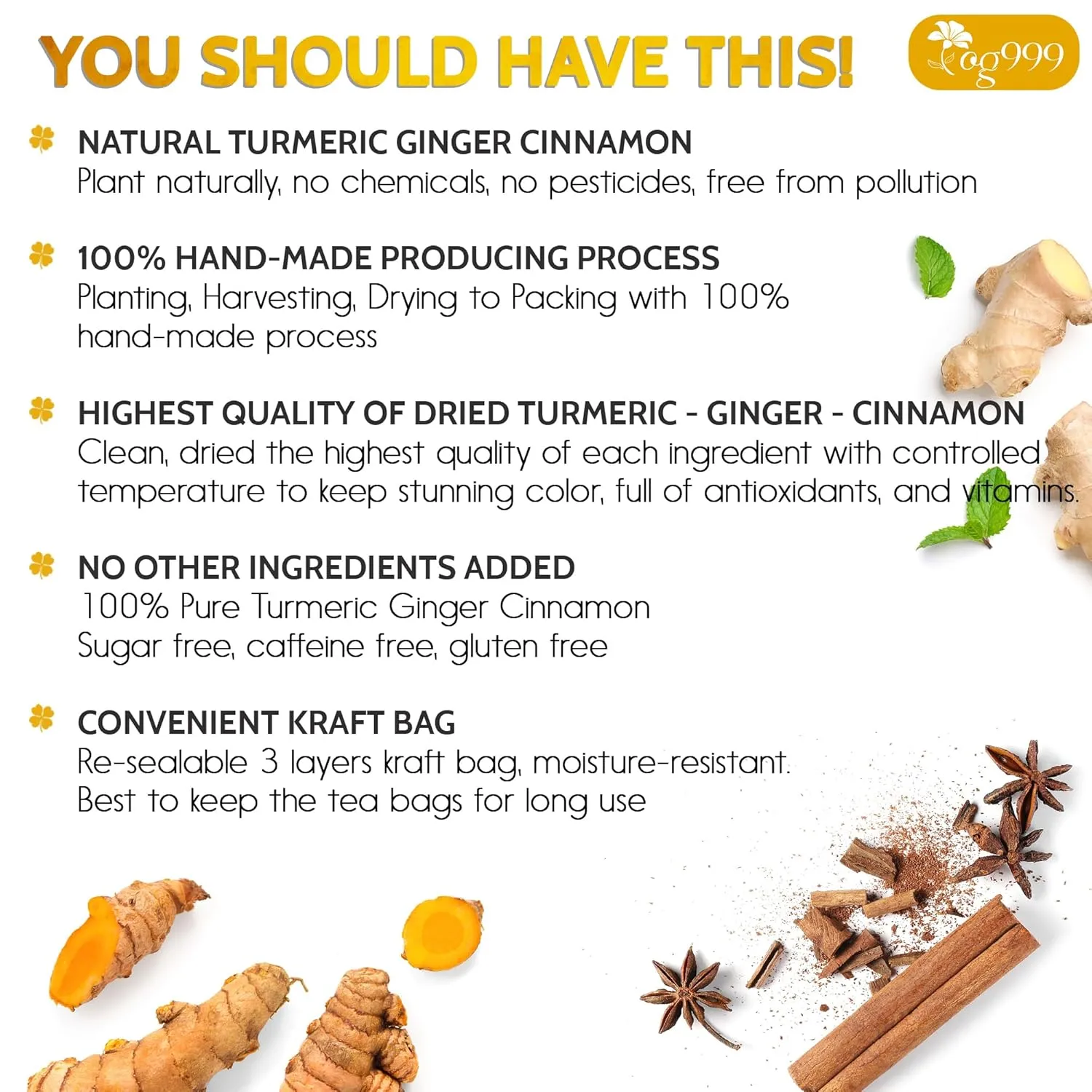 30 Bags Premium Turmeric Ginger Cinnamon Tea, Improve Digestion, Support Brain, Weight, Skin and Sleep, Eco-Conscious Tea Bags and Premium Natural Ingredients. Turmeric Ginger Herbal Tea. No Sugar, No Caffeine, No Gluten, Vegan.