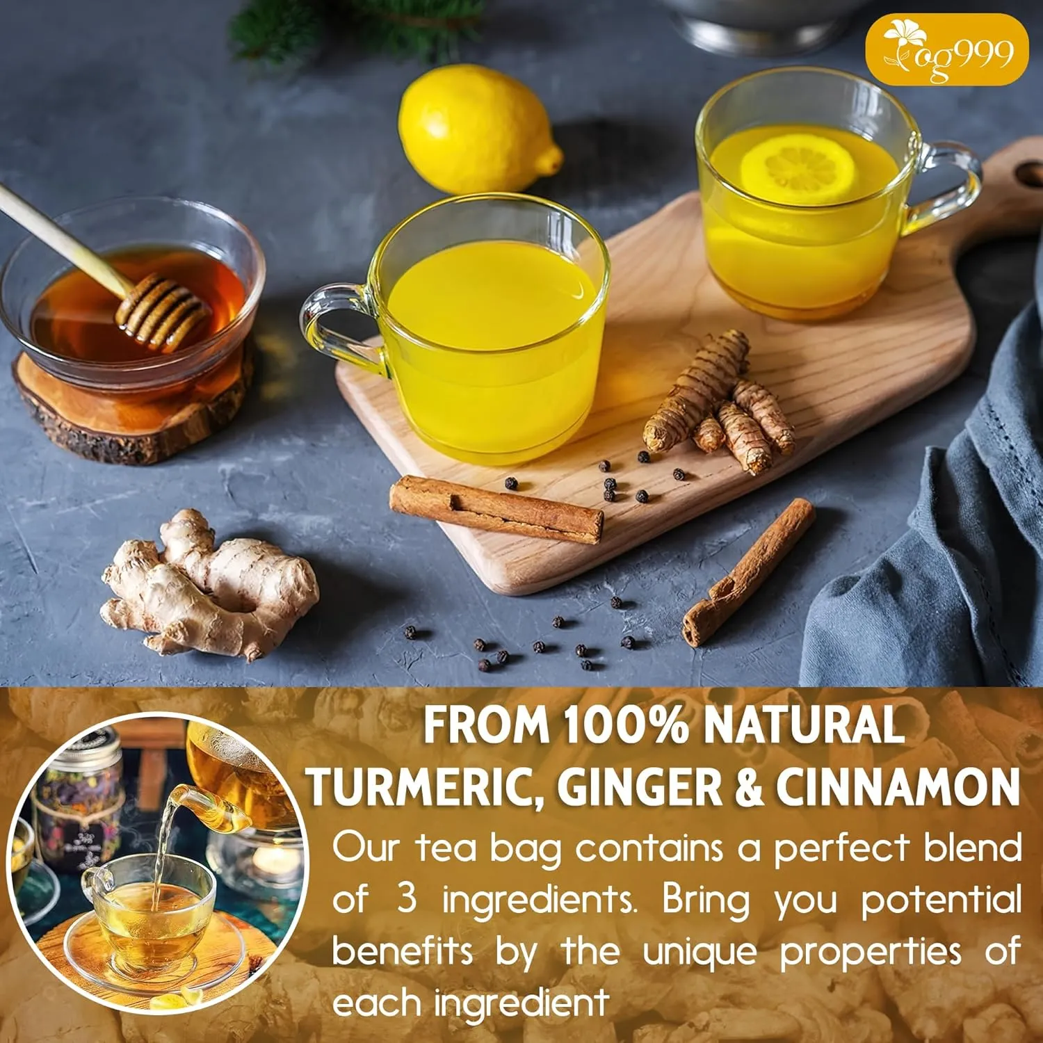 30 Bags Premium Turmeric Ginger Cinnamon Tea, Improve Digestion, Support Brain, Weight, Skin and Sleep, Eco-Conscious Tea Bags and Premium Natural Ingredients. Turmeric Ginger Herbal Tea. No Sugar, No Caffeine, No Gluten, Vegan.
