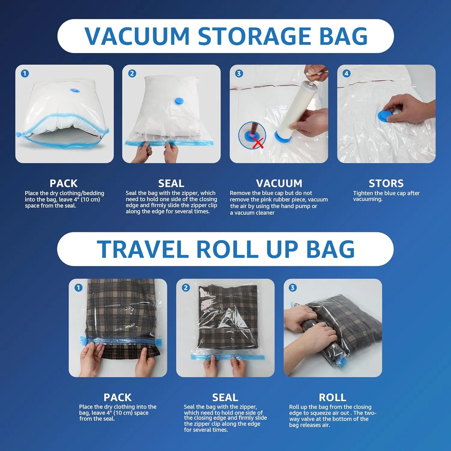 30 Pack Compression Storage Bags, Vacuum Storage Bags, Space Saver Bags for Comforters, Blankets, Pillows and Clothes Storage, Hand Pump Included (5 Jumbo/5 L/5 M/5 S/5 Roll M/5 Roll S)