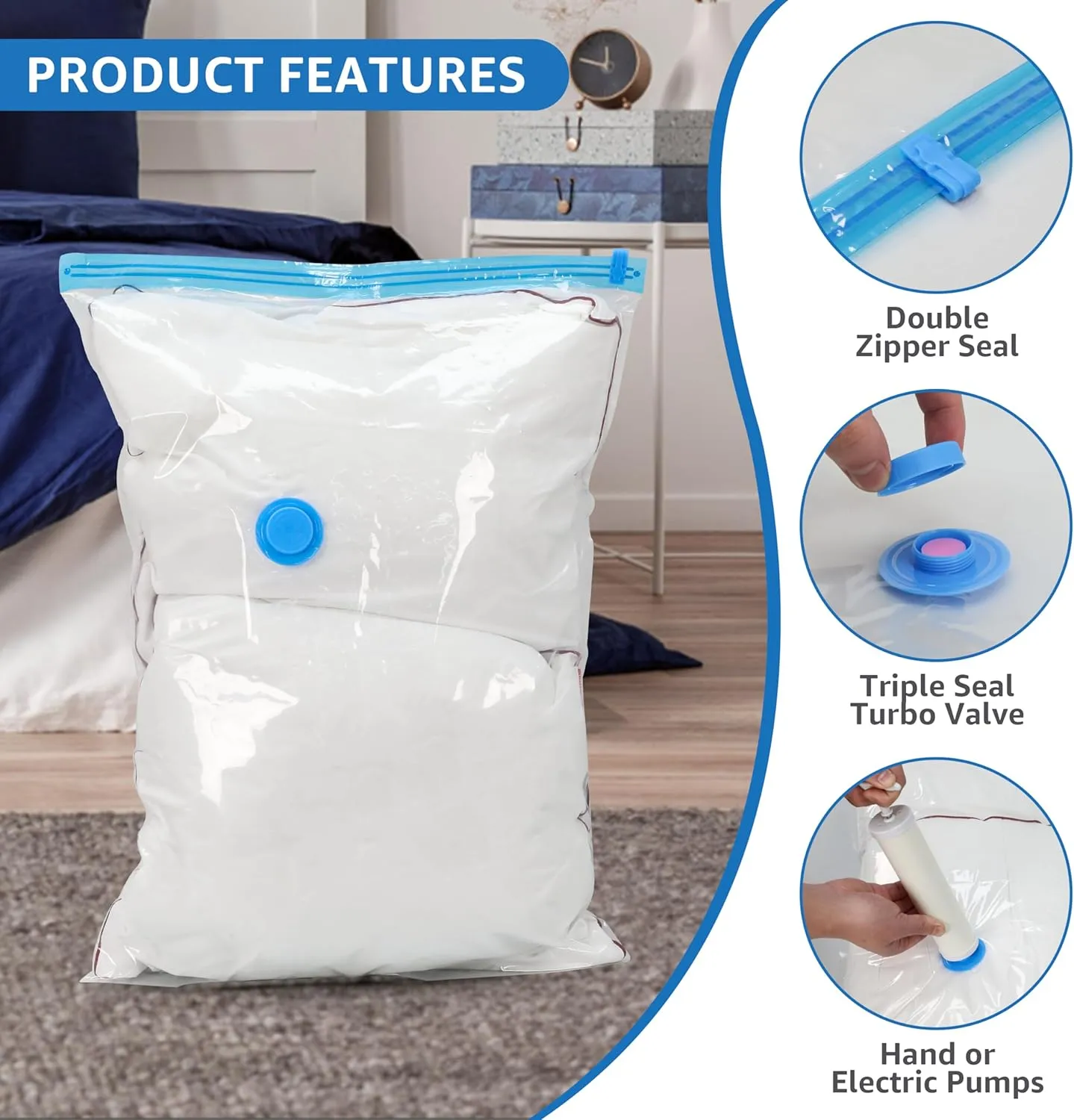 30 Pack Compression Storage Bags, Vacuum Storage Bags, Space Saver Bags for Comforters, Blankets, Pillows and Clothes Storage, Hand Pump Included (5 Jumbo/5 L/5 M/5 S/5 Roll M/5 Roll S)