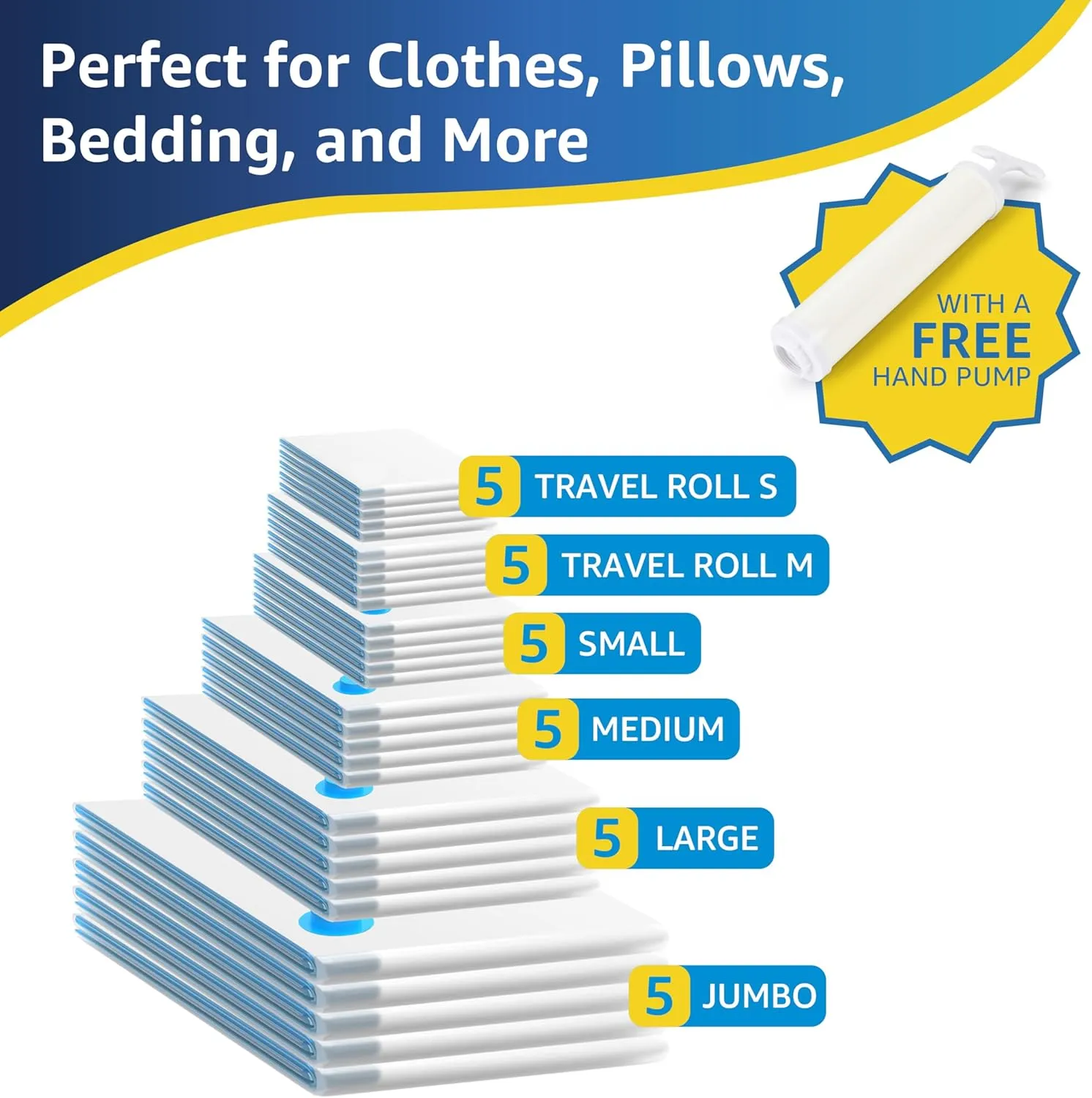 30 Pack Compression Storage Bags, Vacuum Storage Bags, Space Saver Bags for Comforters, Blankets, Pillows and Clothes Storage, Hand Pump Included (5 Jumbo/5 L/5 M/5 S/5 Roll M/5 Roll S)