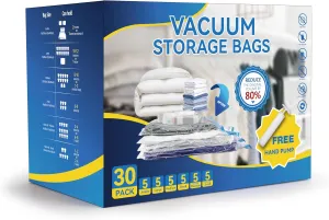 30 Pack Compression Storage Bags, Vacuum Storage Bags, Space Saver Bags for Comforters, Blankets, Pillows and Clothes Storage, Hand Pump Included (5 Jumbo/5 L/5 M/5 S/5 Roll M/5 Roll S)