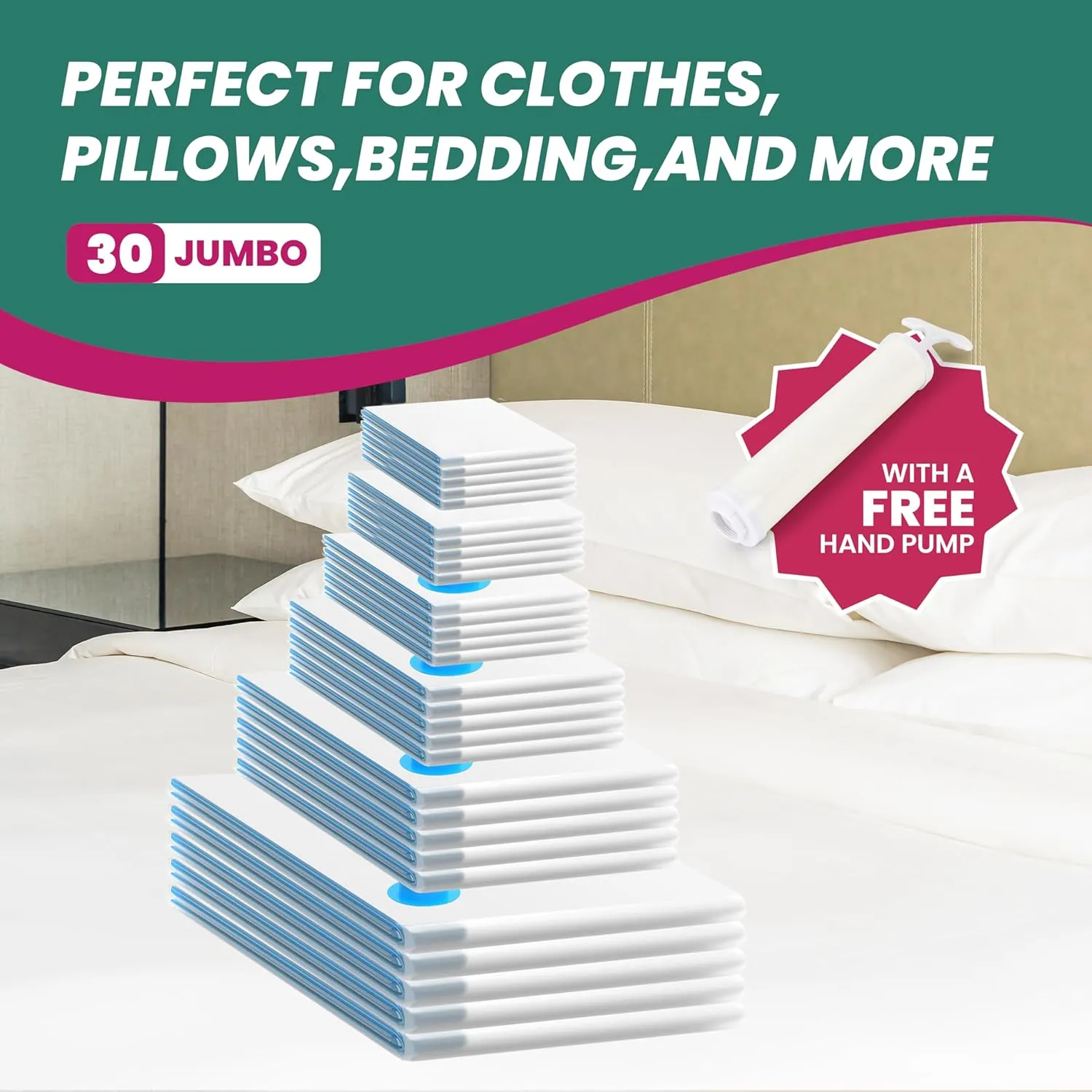 30 Pack Compression Storage Bags, Vacuum Storage Bags, Space Saver Bags for Comforters, Blankets, Pillows and Clothes Storage, Hand Pump Included (5 Jumbo/5 L/5 M/5 S/5 Roll M/5 Roll S)