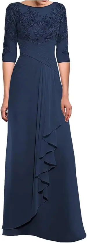 3/4 Long Sleeves Mother of The Bride Dresses for Wedding Lace Applique Ruched Formal Dresses for Women Evening Party