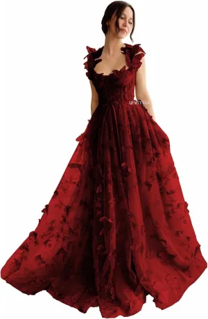 3D Butterfly Tulle Prom Dresses for Women 2025 Long Lace Applique Ball Gown Formal Evening Party Gown with Slit