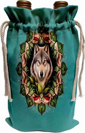 3dRose A Timber Wolf Surrounded By Ladys Slipper Minnesota State Tattoo... - Wine Bags (wbg-383474-1)