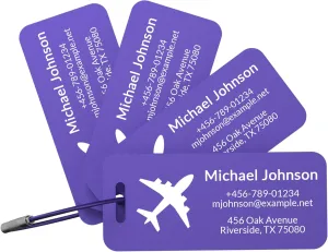 4 Pack Personalized Metal Luggage Tags, Custom Engraved Aluminum Name ID Tags with Logo/Text, Waterproof Travel Tags with Steel Loop for Suitcase, Backpack, Baggage, Cruise & Carry-On (Purple)