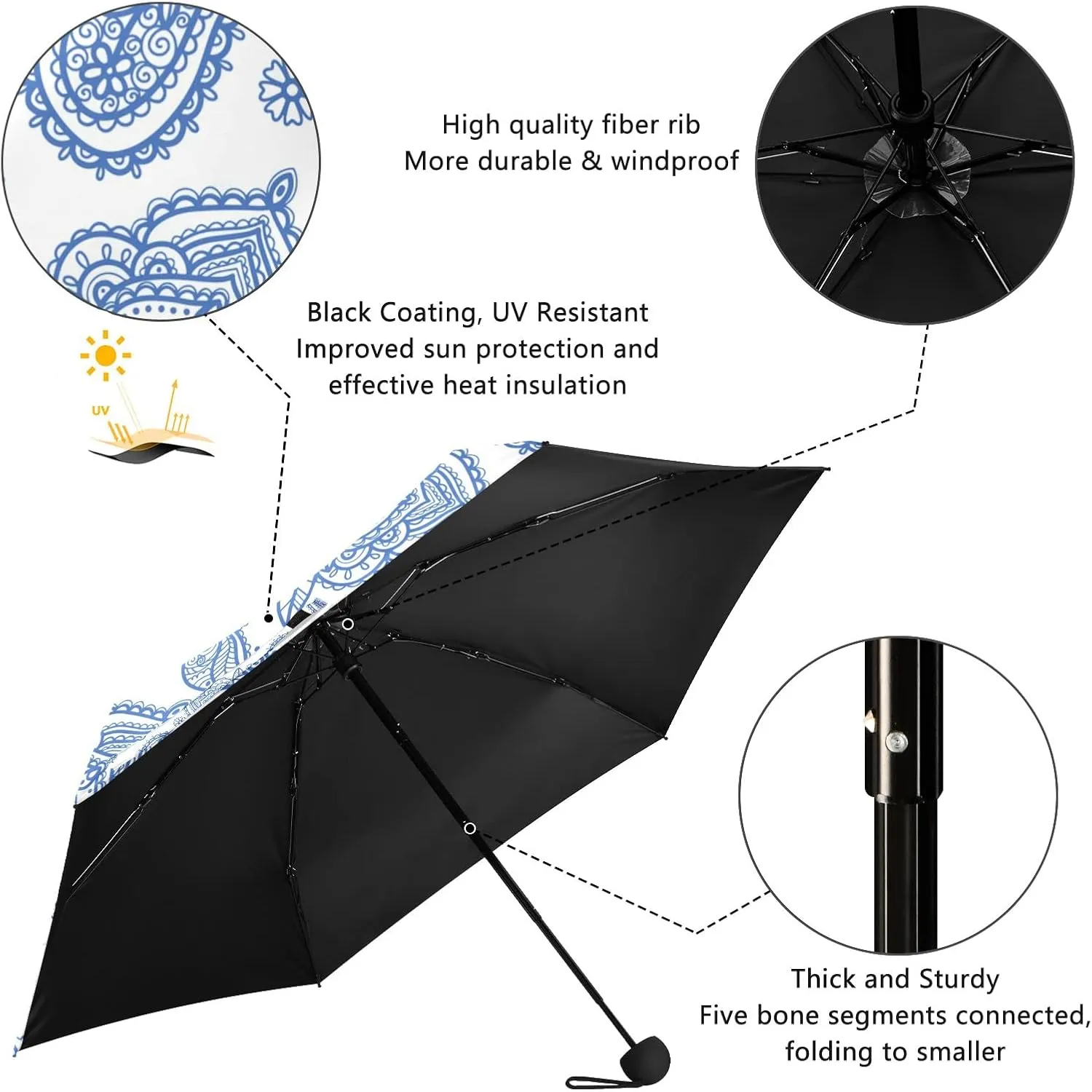 5 Folding Compact Pocket Windproof Umbrella, 6 Ribs Ultra-Light Foldable Vinyl Parasol, Mini Anti-UV Travel Umbrella