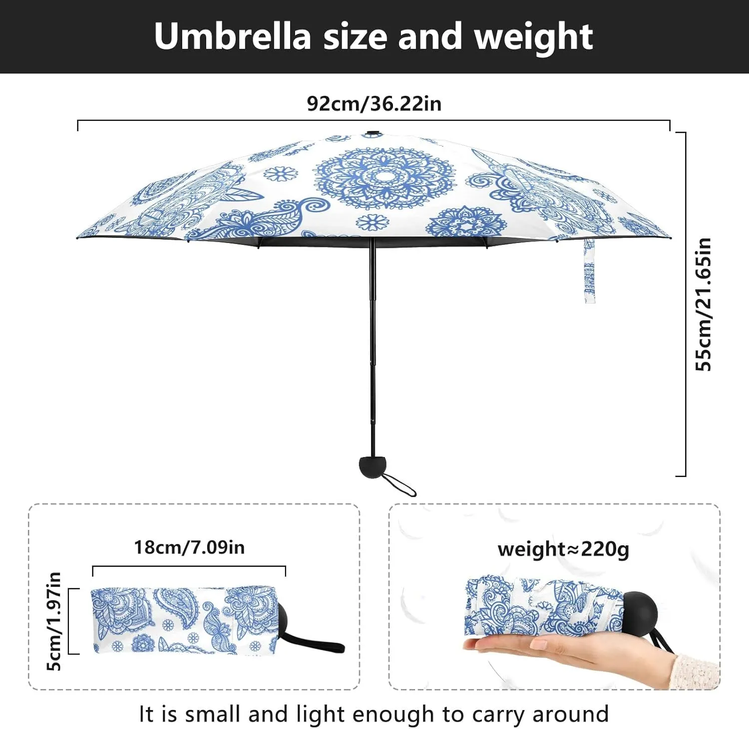5 Folding Compact Pocket Windproof Umbrella, 6 Ribs Ultra-Light Foldable Vinyl Parasol, Mini Anti-UV Travel Umbrella