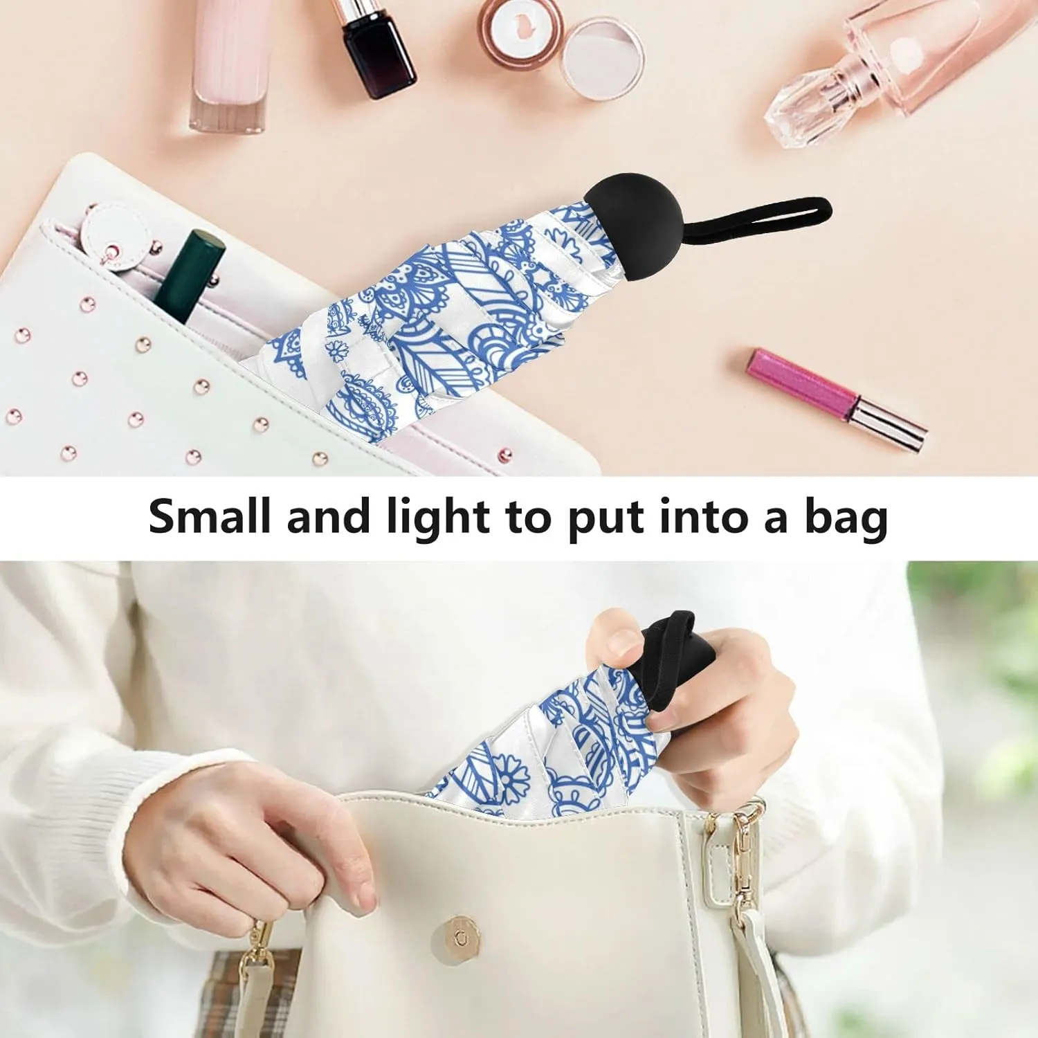 5 Folding Compact Pocket Windproof Umbrella, 6 Ribs Ultra-Light Foldable Vinyl Parasol, Mini Anti-UV Travel Umbrella