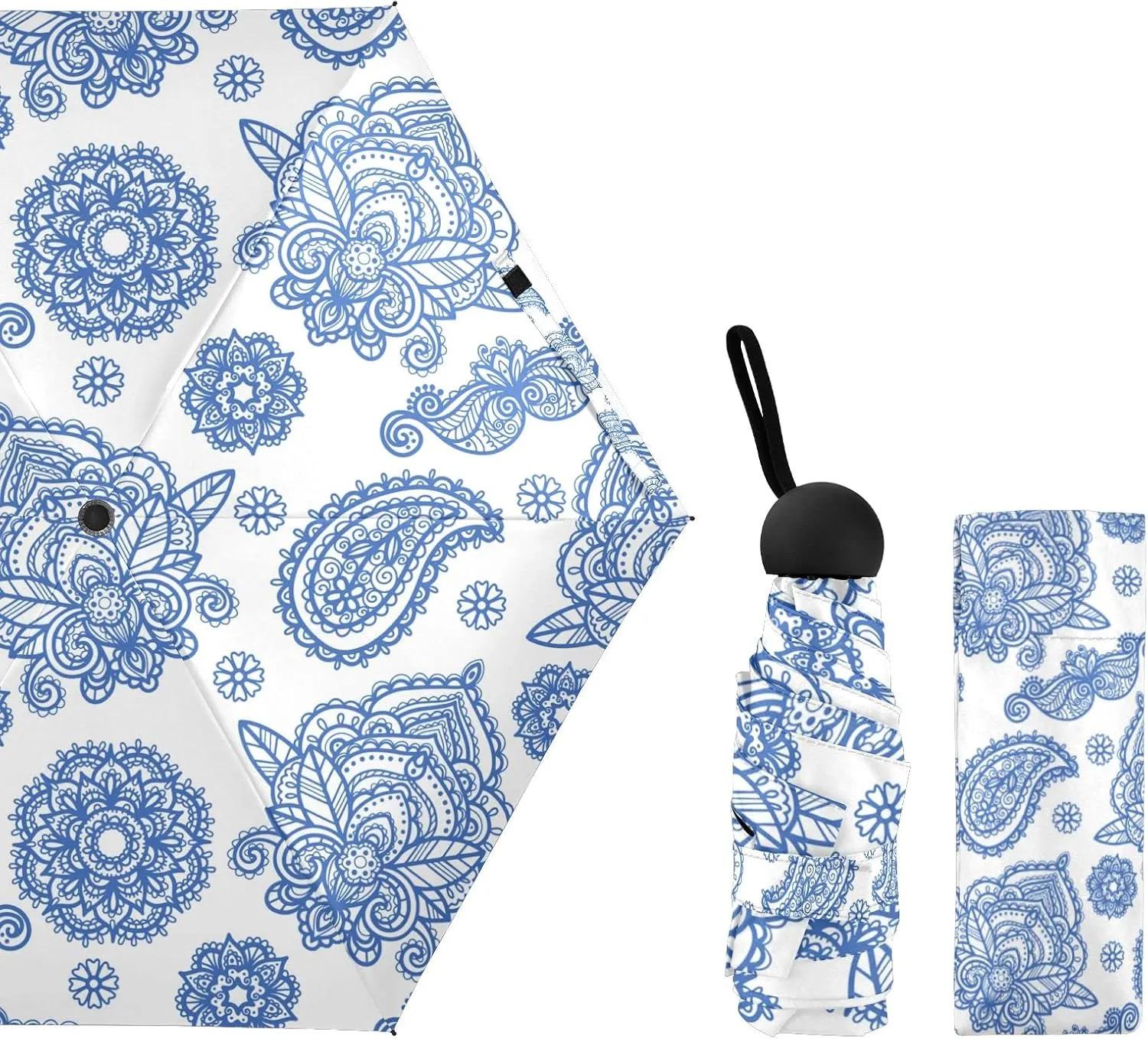 5 Folding Compact Pocket Windproof Umbrella, 6 Ribs Ultra-Light Foldable Vinyl Parasol, Mini Anti-UV Travel Umbrella